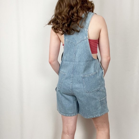 Vintage Oversized Rigid Denim High Rise Straight Leg Jean Romper Overall Shorts - Picture 5 of 10